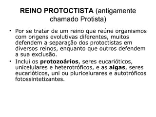 REINO PROTOCTISTA (antigamente
          chamado Protista)
• Por se tratar de um reino que reúne organismos
  com origens evolutivas diferentes, muitos
  defendem a separação dos protoctistas em
  diversos reinos, enquanto que outros defendem
  a sua exclusão.
• Inclui os protozoários, seres eucarióticos,
  unicelulares e heterotróficos, e as algas, seres
  eucarióticos, uni ou pluricelurares e autotróficos
  fotossintetizantes.
 