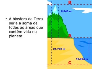 • A biosfera da Terra
seria a soma de
todas as áreas que
contêm vida no
planeta.
 