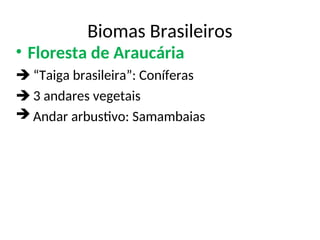 Biomas Brasileiros
• Floresta de Araucária
 “Taiga brasileira”: Coníferas
 3 andares vegetais
 Andar arbustivo: Samambaias
 