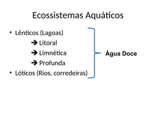 Ecossistemas Aquáticos
• Lênticos (Lagoas)
 Litoral
 Limnética
 Profunda
• Lóticos (Rios, corredeiras)
Água Doce
 