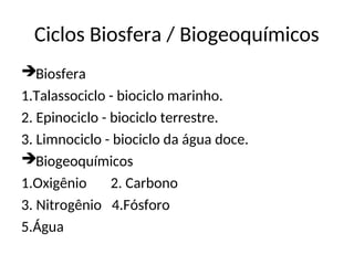 Ciclos Biosfera / Biogeoquímicos
Biosfera
1.Talassociclo - biociclo marinho.
2. Epinociclo - biociclo terrestre.
3. Limnociclo - biociclo da água doce.
Biogeoquímicos
1.Oxigênio 2. Carbono
3. Nitrogênio 4.Fósforo
5.Água
 