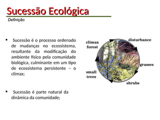 Sucessão
Sucessão Ecológica
Ecológica
Definição
Definição
• Sucessão é o processo ordenado
de mudanças no ecossistema,
resultante da modificação do
ambiente físico pela comunidade
biológica, culminante em um tipo
de ecossistema persistente – o
clímax;
• Sucessão é parte natural da
dinâmica da comunidade;
 