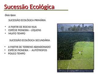 SUCESSÃO ECOLÓGICA PRIMÁRIA
• A PARTIR DE ROCHA NUA
• ESPÉCIE PIONEIRA – LÍQUENS
• MUITO TEMPO
Sucessão
Sucessão Ecológica
Ecológica
Dois tipos
Dois tipos
SUCESSÃO ECOLÓGICA SECUNDÁRIA
• A PARTIR DE TERRENO ABANDONADO
• ESPÉCIE PIONEIRA - AUTÓTROFOS
• POUCO TEMPO
 