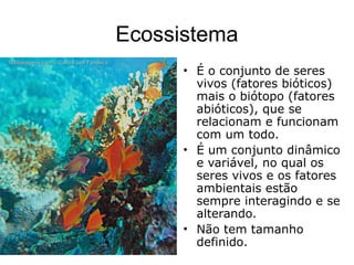 Ecossistema
• É o conjunto de seres
vivos (fatores bióticos)
mais o biótopo (fatores
abióticos), que se
relacionam e funcionam
com um todo.
• É um conjunto dinâmico
e variável, no qual os
seres vivos e os fatores
ambientais estão
sempre interagindo e se
alterando.
• Não tem tamanho
definido.
 