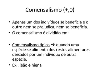 Comensalismo (+,0)
• Apenas um dos indivíduos se beneficia e o
outro nem se prejudica, nem se beneficia.
• O comensalismo é dividido em:
• Comensalismo típico  quando uma
espécie se alimenta dos restos alimentares
deixados por um individuo de outra
espécie.
• Ex.: leão e hiena
 