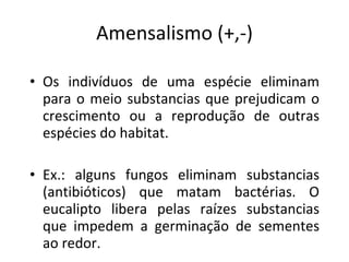 Amensalismo (+,-) Os indivíduos de uma espécie eliminam para o meio substancias que prejudicam o crescimento ou a reprodução de outras espécies do habitat. Ex.: alguns fungos eliminam substancias (antibióticos) que matam bactérias. O eucalipto libera pelas raízes substancias que impedem a germinação de sementes ao redor. 