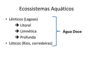Ecossistemas Aquáticos Lênticos (Lagoas)    Litoral    Limnética    Profunda Lóticos (Rios, corredeiras) Água Doce 