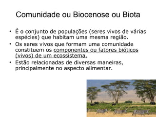 Comunidade ou Biocenose ou Biota É o conjunto de populações (seres vivos de várias espécies) que habitam uma mesma região.  Os seres vivos que formam uma comunidade constituem os  componentes ou fatores bióticos (vivos) de um ecossistema.   Estão relacionadas de diversas maneiras, principalmente no aspecto alimentar. 