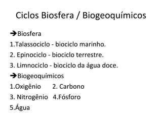 Ciclos Biosfera / Biogeoquímicos Biosfera 1.Talassociclo - biociclo marinho. 2. Epinociclo - biociclo terrestre. 3. Limnociclo - biociclo da água doce. Biogeoquímicos 1.Oxigênio  2. Carbono 3. Nitrogênio  4.Fósforo 5.Água 