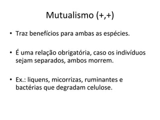 Mutualismo (+,+) Traz benefícios para ambas as espécies. É uma relação obrigatória, caso os indivíduos sejam separados, ambos morrem. Ex.: liquens, micorrizas, ruminantes e bactérias que degradam celulose. 