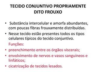 TECIDO CONJUNTIVO PROPRIAMENTE DITO FROUXO   Substância intercelular e amorfa abundantes, com poucas fibras frouxamente distribuídas. Nesse tecido estão presentes todos os tipos celulares típicos do tecido conjuntivo. Funções: preenchimento entre os órgãos viscerais; envolvimento de nervos e vasos sanguíneos e linfáticos;   cicatrização de tecidos lesados.   