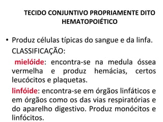 TECIDO CONJUNTIVO PROPRIAMENTE DITO HEMATOPOIÉTICO Produz células típicas do sangue e da linfa. CLASSIFICAÇÃO: mielóide : encontra-se na medula óssea vermelha e produz hemácias, certos leucócitos e plaquetas. linfóide : encontra-se em órgãos linfáticos e em órgãos como os das vias respiratórias e do aparelho digestivo. Produz monócitos e linfócitos.  