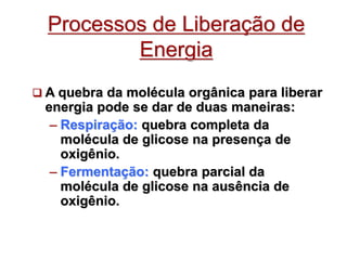 Processos de Liberação de
Energia
 A quebra da molécula orgânica para liberar
energia pode se dar de duas maneiras:
– Respiração: quebra completa da
molécula de glicose na presença de
oxigênio.
– Fermentação: quebra parcial da
molécula de glicose na ausência de
oxigênio.
 