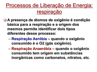 Processos de Liberação de Energia:
respiração
 A presença de átomos de oxigênio é condição
básica para a respiração e a origem dos
mesmos permite identificar dois tipos
diferentes desse processo:
– Respiração Aeróbia – quando o oxigênio
consumido é o O2 (gás oxigênio).
– Respiração Anaeróbia – quando o oxigênio
consumido tem origem em substâncias
inorgânicas como carbonatos, nitratos, etc.
 