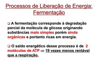 Processos de Liberação de Energia:
Fermentação
 A fermentação corresponde à degradação
parcial da molécula de glicose originando
substâncias mais simples porém ainda
orgânicas e portanto ricas em energia.
 O saldo energético desse processo é de 2
moléculas de ATP  19 vezes menos rentável
que a respiração.
 