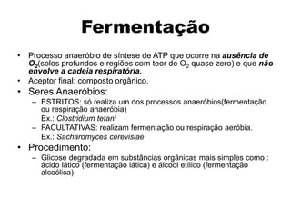 Fermentação
• Processo anaeróbio de síntese de ATP que ocorre na ausência de
O2(solos profundos e regiões com teor de O2 quase zero) e que não
envolve a cadeia respiratória.
• Aceptor final: composto orgânico.
• Seres Anaeróbios:
– ESTRITOS: só realiza um dos processos anaeróbios(fermentação
ou respiração anaeróbia)
Ex.: Clostridium tetani
– FACULTATIVAS: realizam fermentação ou respiração aeróbia.
Ex.: Sacharomyces cerevisiae
• Procedimento:
– Glicose degradada em substâncias orgânicas mais simples como :
ácido lático (fermentação lática) e álcool etílico (fermentação
alcoólica)
 