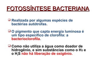 FFOOTTOOSSSSÍÍNNTTEESSEE BBAACCTTEERRIIAANNAA 
 Realizada por algumas espécies de 
bactérias autótrofas. 
 O pigmento que capta energia luminosa é 
um tipo específico de clorofila: a 
bacterioclorofila. 
 Como não utiliza a água como doador de 
hidrogênio, e sim substâncias como o H2 e 
o H2S não há liberação de oxigênio. 
 