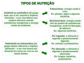 TTIIPPOOSS DDEE NNUUTTRRIIÇÇÃÃOO 
Fotossíntese: energia usada é 
a luz. 
Ex: plantas, algas e algumas 
bactérias. 
Autótrofa ou autotrófica (do grego 
auto: por si só; sozinha e tróphos: 
alimento) – o ser vivo fabrica seu 
próprio alimento usando 
substâncias inorgânicas e energia 
vindas do ambiente. 
Quimiossíntese: energia usada 
vem da quebra de substâncias 
inorgânicas, onde há liberação 
de elétrons. 
Ex: algumas bactérias. 
Heterótrofa ou heterotrófica (do 
grego hetero: diferente e tróphos: 
alimento) – o ser vivo busca seu 
alimento em outro ser vivo ou em 
restos destes. 
Por ingestão: o alimento é 
ingerido e posteriormente 
digerido. 
Ex: animais e protozoários. 
Por absorção: o alimento é 
digerido e posteriormente 
absorvido. 
Ex: fungos, bactérias, 
protozoários. 
 