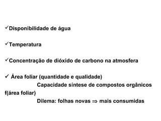 Disponibilidade de água 
Temperatura 
Concentração de dióxido de carbono na atmosfera 
 Área foliar (quantidade e qualidade) 
Capacidade síntese de compostos orgânicos 
f(área foliar) 
Dilema: folhas novas Þ mais consumidas 
 