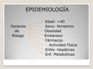EPIDEMIOLOGÍA
Edad: >40
Factores Sexo: femenino
de Obesidad
Riesgo Embarazo
Fármacos
Actividad Física
Enfer. Hepáticas
Enf...