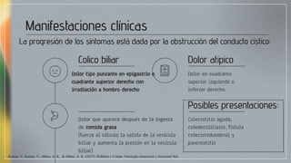 Manifestaciones clínicas
Dolor que aparece después de la ingesta
de comida grasa
(fuerza al cálculo la salida de la vesícula
biliar y aumenta la presión en la vesícula
biliar)
Colico biliar
Dolor tipo punzante en epigastrio o
cuadrante superior derecho con
irradiación a hombro derecho
Dolor atipico
Dolor en cuadrante
superior izquierdo o
inferior derecho.
Posibles presentaciones:
Colecistitis aguda,
coledocolitiasis, fístula
colecistoduodenal y
pancreatitis
La progresión de los síntomas está dada por la obstrucción del conducto cístico:
Kumar, V., Kumar, V., Abbas, A. K., & Abbas, A. K. (2015). Robbins y Cotran. Patología estructural y funcional 9ed.
 