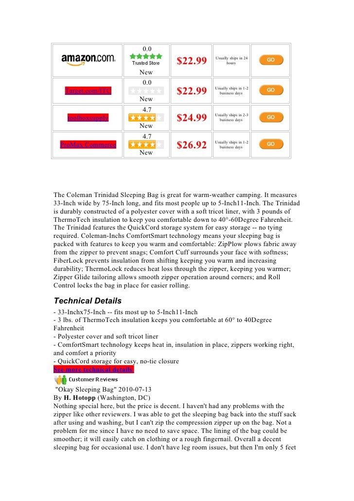 Coleman trinidad warm weather sleeping bag