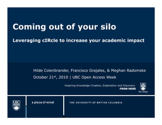Coming out of your silo
Leveraging cIRcle to increase your academic impact




       Hilde Colenbrander, Francisco Grajales, & Meghan Radomske
       October 21st, 2010 | UBC Open Access Week

                      Inspiring Knowledge Creation, Exploration and Discovery
                                                                 FROM HERE
 
