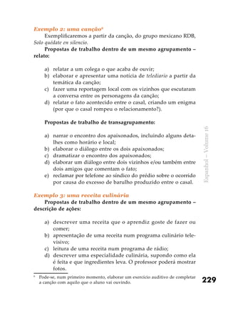 229
Espanhol–Volume16
Exemplo 2: uma canção6
Exemplificaremos a partir da canção, do grupo mexicano RDB,
Solo quédate en silencio.
Propostas de trabalho dentro de um mesmo agrupamento –
relato:
a) 	 relatar a um colega o que acaba de ouvir;
b) 	elaborar e apresentar uma notícia de telediario a partir da
temática da canção;
c) 	 fazer uma reportagem local com os vizinhos que escutaram
a conversa entre os personagens da canção;
d) 	relatar o fato acontecido entre o casal, criando um enigma
(por que o casal rompeu o relacionamento?).
Propostas de trabalho de transagrupamento:
a) 	 narrar o encontro dos apaixonados, incluindo alguns deta-
lhes como horário e local;
b) 	elaborar o diálogo entre os dois apaixonados;
c) 	 dramatizar o encontro dos apaixonados;
d) 	elaborar um diálogo entre dois vizinhos e/ou também entre
dois amigos que comentam o fato;
e) 	 reclamar por telefone ao síndico do prédio sobre o ocorrido
por causa do excesso de barulho produzido entre o casal.
Exemplo 3: uma receita culinária
Propostas de trabalho dentro de um mesmo agrupamento –
descrição de ações:
a) 	 descrever uma receita que o aprendiz goste de fazer ou
comer;
b) 	apresentação de uma receita num programa culinário tele-
visivo;
c) 	 leitura de uma receita num programa de rádio;
d) 	descrever uma especialidade culinária, supondo como ela
é feita e que ingredientes leva. O professor poderá mostrar
fotos.
6
	 Pode-se, num primeiro momento, elaborar um exercício auditivo de completar
a canção com aquilo que o aluno vai ouvindo.
 