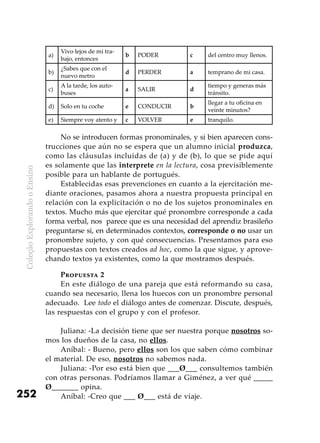 ColeçãoExplorandooEnsino
252
a)
Vivo lejos de mi tra-
bajo, entonces
b PODER c del centro muy llenos.
b)
¿Sabes que con el
nuevo metro
d PERDER a temprano de mi casa.
c)
A la tarde, los auto-
buses
a SALIR d
tiempo y generas más
tránsito.
d) Solo en tu coche e CONDUCIR b
llegar a tu oficina en
veinte minutos?
e) Siempre voy atento y c VOLVER e tranquilo.
No se introducen formas pronominales, y si bien aparecen cons-
trucciones que aún no se espera que un alumno inicial produzca,
como las cláusulas incluidas de (a) y de (b), lo que se pide aquí
es solamente que las interprete en la lectura, cosa previsiblemente
posible para un hablante de portugués.
Establecidas esas prevenciones en cuanto a la ejercitación me-
diante oraciones, pasamos ahora a nuestra propuesta principal en
relación con la explicitación o no de los sujetos pronominales en
textos. Mucho más que ejercitar qué pronombre corresponde a cada
forma verbal, nos parece que es una necesidad del aprendiz brasileño
preguntarse si, en determinados contextos, corresponde o no usar un
pronombre sujeto, y con qué consecuencias. Presentamos para eso
propuestas con textos creados ad hoc, como la que sigue, y aprove-
chando textos ya existentes, como la que mostramos después.
Propuesta 2
En este diálogo de una pareja que está reformando su casa,
cuando sea necesario, llena los huecos con un pronombre personal
adecuado. Lee todo el diálogo antes de comenzar. Discute, después,
las respuestas con el grupo y con el profesor.
Juliana: -La decisión tiene que ser nuestra porque nosotros so-
mos los dueños de la casa, no ellos.
Aníbal: - Bueno, pero ellos son los que saben cómo combinar
el material. De eso, nosotros no sabemos nada.
Juliana: -Por eso está bien que ___Ø___ consultemos tam­bién
con otras personas. Podríamos llamar a Giménez, a ver qué _____
Ø_______ opina.
Aníbal: -Creo que ___ Ø___ está de viaje.
 