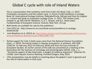 Global C cycle with role of Inland Waters
This is a presentation that combines work from Cole’s ECI Book: Cole, J.J. 2013.
Freshwater ecosystems and the carbon cycle. In: Kinne O (ed) Excellence in ecology.
Book 18. International Ecology Institute, Oldendorf/Luhe 146 pp) and from his chapter
in a recent text book on ecosystem ecology (Cole, J.J. 2012. The Carbon Cycle.
Chapter 6, pp 109-136 IN: Weathers, K, D. L. Strayer, and G.E. Likens (eds).
Fundamentals of Ecosystem Science. Elsevier, New York. 312 pp.
• Both books are available for sale by the publishers.
• Cole (2012 at: http://www.int-res.com/book-series/excellence-in-ecology-
books/ee18/
• And Weathers et al. (2012) at: http://store.elsevier.com/Fundamentals-of-Ecosystem-
Science/Kathleen-Weathers/isbn-9780120887743/
• Partial support for Cole in both cases came from the National Science Foundation,
(Cole, J.J. OPUS: Terrestrial carbon in Aquatic Ecosystems: A synthesis. NSF-DEB
1256119. 15 February 2013-14 February 2016) and from the Cary Institute of
Ecosystem Studies. An earlier version of this talk was presented at a meeting of the
Association for the Sciences of Limnology and Oceanography (ASLO), Cole, J. J.;
“Terrestrial support of lake food webs: a weight of evidence argument.” (Abstract ID:
13330). Joint Aquatic Science Meeting. Portland Oregon, May, 2014.
• •This presentation may be helpful in teaching about the global C cycle in general and
the role of inland waters in that cycle.
 