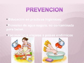 • Educación en prácticas higiénicas.
•Provisión de agua segura, no contaminada
para beber.
•Vacunación a viajeros a países endémicos
 