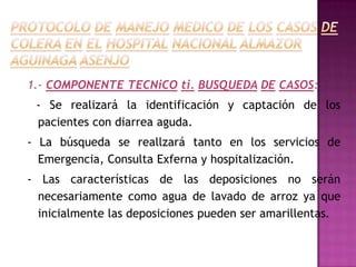 1.- COMPONENTE TECNiCO ti. BUSQUEDA DE CASOS:
 - Se realizará la identificación y captación de los
 pacientes con diarrea aguda.
- La búsqueda se reallzará tanto en los servicios de
  Emergencia, Consulta Exferna y hospitalización.
- Las características de las deposiciones no serán
  necesariamente como agua de lavado de arroz ya que
  inicialmente las deposiciones pueden ser amarillentas.
 