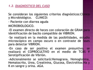 1.2. DIAGNOSTICO DEL CASO

Se consideran los siguientes criterios diagnósticos:Clínico
y Microbiológico. CLíNICO:
- Paciente con diarrea aguda
MICRIOBIOLOGICO.
-El examen directo de heces con coloración de GRAM para
identificación de bacilo compatible de VIBRION.
-Se realizará en la medida de las posibilidades, estudio
microscópico en campo oscuro o en contraste de fases
para detectar VIBRION.
-En caso de ser positivo el examen presuntivo, se
realizará el COPROCULTIVO en el medio de TCBS Y
Serotipificación de Vibrión.
-Adicionalmente se solicitarä:Hemograna, Hemoglobina,
Hematocrito, Urea, Creatinina, Glucosa, Electrolitos:Na y
K en sangre y orina. AGA.
 