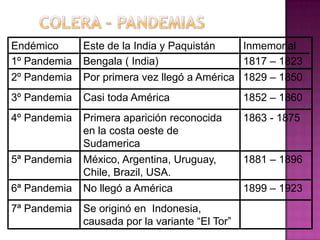 Endémico      Este de la India y Paquistán       Inmemorial
1º Pandemia   Bengala ( India)                   1817 – 1823
2º Pandemia   Por primera vez llegó a América 1829 – 1850
3º Pandemia   Casi toda América                  1852 – 1860
4º Pandemia   Primera aparición reconocida       1863 - 1875
              en la costa oeste de
              Sudamerica
5ª Pandemia   México, Argentina, Uruguay,        1881 – 1896
              Chile, Brazil, USA.
6ª Pandemia   No llegó a América                 1899 – 1923
7ª Pandemia   Se originó en Indonesia,
              causada por la variante “El Tor”
 