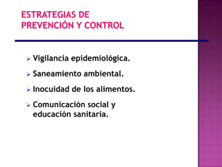    Vigilancia epidemiológica.
   Saneamiento ambiental.
   Inocuidad de los alimentos.
   Comunicación social y
    educación sanitaria.
 