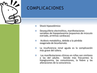 COMPLICACIONES
 Shock hipovolémico
 Desequilibrio electrolítico, manifestaciones
variables de hipopotasemia (espasmos de músculo
estriado, arritmias cardíacas)
 Acidosis metabólica, debido a la pérdida
exagerada de bicarbonato.
 La insuficiencia renal aguda es la complicación
más grave del cólera.
 Las manifestaciones clínicas en niños son similares
a las del adulto. Siendo más frecuentes la
hipoglucemia, las convulsiones, la fiebre y las
alteraciones de la consciencia.
 