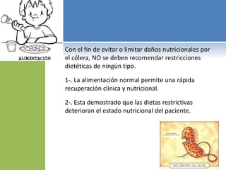 Con el fin de evitar o limitar daños nutricionales por
el cólera, NO se deben recomendar restricciones
dietéticas de ningún tipo.
1-. La alimentación normal permite una rápida
recuperación clínica y nutricional.
2-. Esta demostrado que las dietas restrictivas
deterioran el estado nutricional del paciente.
 
