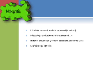  Principios de medicina interna tomo I (Harrison)
 Infectologia clínica (Kumate-Gutierrez ed.17)
 Historia, prevención y control del cólera. Leonardo Mata
 Microbiologia (Sherris)
 