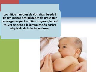 Los niños menores de dos años de edad
tienen menos posibilidades de presentar
cólera grave que los niños mayores, lo cual
tal vez se deba a la inmunización pasiva
adquirida de la leche materna.
 