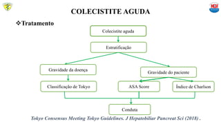 COLECISTITE AGUDA
Tratamento
Colecistite aguda
Estratificação
Gravidade da doença
Gravidade do paciente
Classificação de Tokyo ASA Score Índice de Charlson
Conduta
Tokyo Consensus Meeting Tokyo Guidelines. J Hepatobiliar Pancreat Sci (2018) .
 