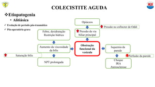 COLECISTITE AGUDA
Opiáceos
Obstrução
funcional da
vesícula
Pressão no esfíncter de Oddi
Febre, desidratação
Restrição hídrica
Saturação bílis
Choque
IRA
Aterosclerose
Perfusão da parede
Isquemia da
parede
NPT prolongada
Aumento da viscosidade
da bílis
Pressão da via
biliar principal
Etiopatogenia
• Alitiásica
 Evolução de período pós-traumático
 Pós-operatório grave
 