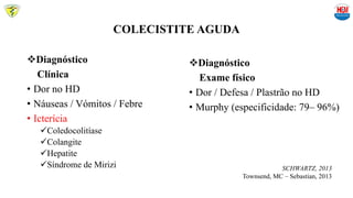 COLECISTITE AGUDA
Diagnóstico
Clínica
• Dor no HD
• Náuseas / Vómitos / Febre
• Icterícia
Coledocolitíase
Colangite
Hepatite
Síndrome de Mirizi
Diagnóstico
Exame físico
• Dor / Defesa / Plastrão no HD
• Murphy (especificidade: 79– 96%)
SCHWARTZ, 2013
Townsend, MC – Sebastian, 2013
 