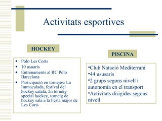 Activitats esportives Polo Les Corts 10 usuaris Entrenaments al RC Polo Barcelona Participació en tornejos: La Immaculada, festival del hockey català, 2n torneig special hockey, torneig de hockey sala a la Festa major de Les Corts HOCKEY PISCINA Club Natació Mediterrani  44 ususaris 2 grups segons nivell i autonomia en el transport Activitats dirigides segons nivell 