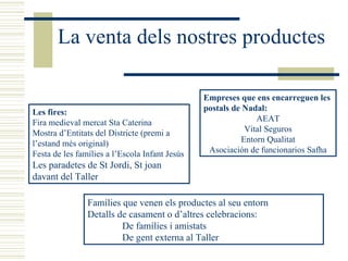 La venta dels nostres productes Les fires: Fira medieval mercat Sta Caterina Mostra d’Entitats del Districte (premi a l’estand més original) Festa de les famílies a l’Escola Infant Jesús Les paradetes de St Jordi, St joan davant del Taller Empreses que ens encarreguen les postals de Nadal: AEAT Vital Seguros Entorn Qualitat Asociación de funcionarios Safha Famílies que venen els productes al seu entorn Detalls de casament o d’altres celebracions: De famílies i amistats De gent externa al Taller 