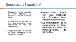 Embarazo y hepatitis A
 Tratamiento suele consistir
en dieta equilibrada y
disminución de la actividad
física.
 No hay indicios de que el
virus sea teratógeno y su
transmisión al feto es
insignificante.
 Puede aumentar el número
de casos prematuros y de
colestasis neonatal.
• Inmunización infantil
con virus inactivado
con formalina tiene
eficacia mayor de 90%.
• La inmunización de la
embarazada se logra
mediante una dosis de
inmunoglobulina de
0.02 ml/kg.
 