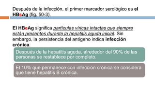 Después de la infección, el primer marcador serológico es el
HBsAg (fig. 50-3).
El HBeAg significa partículas víricas intactas que siempre
están presentes durante la hepatitis aguda inicial. Sin
embargo, la persistencia del antígeno indica infección
crónica.
Después de la hepatitis aguda, alrededor del 90% de las
personas se restablece por completo.
El 10% que permanece con infección crónica se considera
que tiene hepatitis B crónica.
 