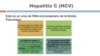 Hepatitis C (HCV)
Este es un virus de RNA monocatenario de la familia
Flaviviridae.
La transmisión es similar a la
de la hepatitis B excepto que
la transmisión sexual del
virus es menos eficaz.
1/3 de las personas positivas
para antígeno HCV no tiene
factores de riesgo
La infección aguda por
HCV suele ser asintomática
o cursar con síntomas leves,
en tanto que la infección
crónica se identifica a través
de diversos programas de
detección sistemática
La búsqueda sistemática
en donadores de sangre
para detectar el virus de la
hepatitis C ha reducido de
manera notable la frecuencia
de hepatitis consecutiva a
transfusión
 