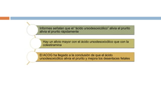 Informes señalan que el “ácido ursodesoxicólico” alivia el prurito
alivia el prurito rápidamente
Hay un alivio mayor con el ácido ursodesoxicólico que con la
colestiramina
El ACOG ha llegado a la conclusión de que el ácido
ursodesoxicólico alivia el prurito y mejora los desenlaces fetales
 
