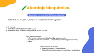 Abordaje bioquímico.
Establecer severidad del daño hepatocelular
BILIRRUINAS, ALT, AST, GGT, FA, Tiempos de coagulación, albúmina, glucosa.
GGT normal:
• Colestasis intrahepática familiar (1 y 2)
• Alteración en la síntesis y transporte de ácidos biliares
Falla hepática aguda
• Enfermedad metabólica (tirosinemia , galactosemia
• Hepatitis Aloinmune neonatal ( Antecedente: Perdidas gestacionales)
• Sepsis
Pobre función de síntesis
• Hipoalbuminemia, coagulopatía
• Infección intrauterina o error innato del metabolismo
 