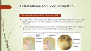 Colesteatoma adquirido secundario
 Se desarrolla como consecuencia de la invasión del oído medio por piel de la pared
del CAE, parte de la MT o a través de una perforación mesotimpánica posterior
marginal.
 Una perforación central y que puede estar relacionada con enfermedad congénita,
que afecten el buen funcionamiento de la TE como la fisura palatina.
Teoría de la invasión epitelial: Habermann, 1888
 